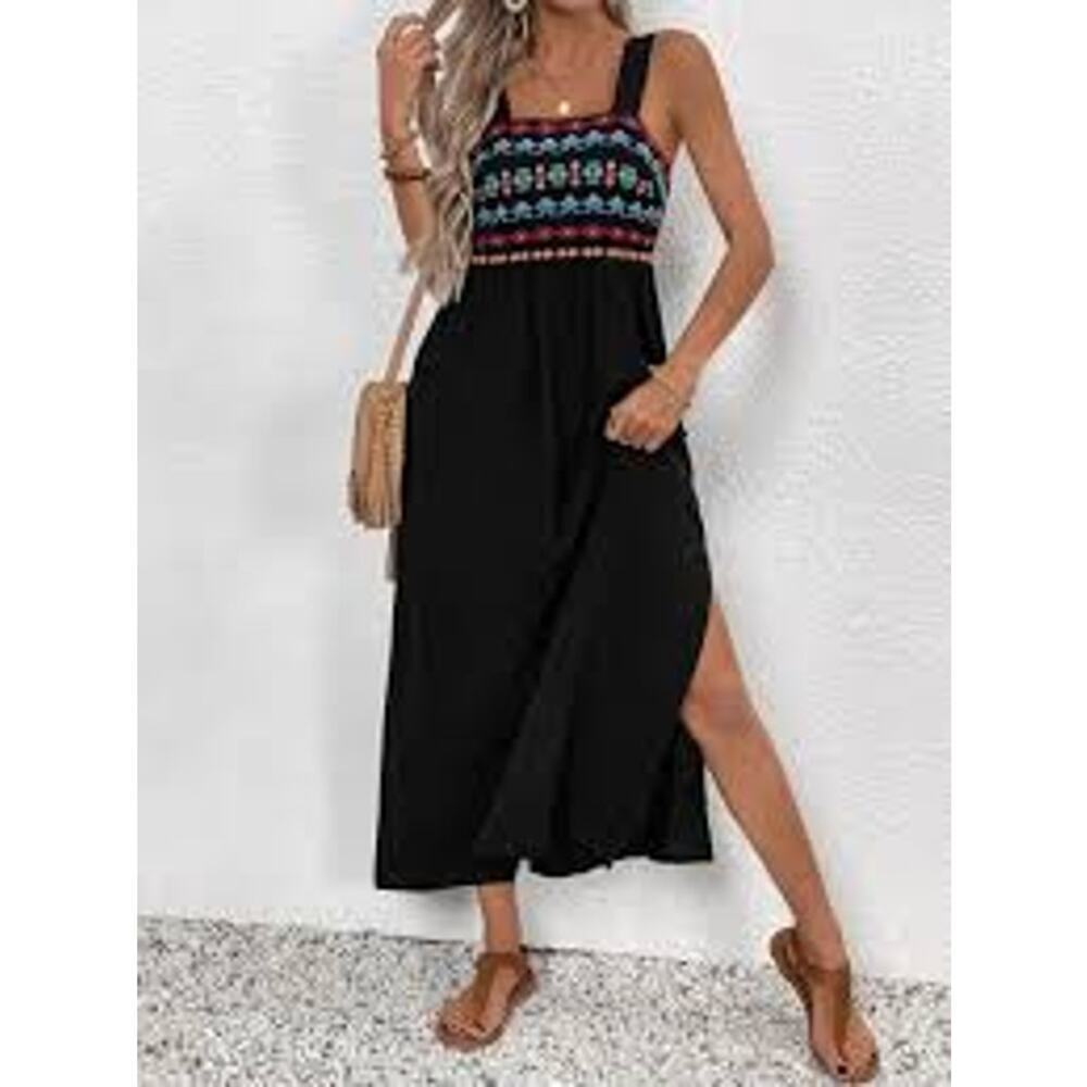 Charlotte Green Size 4 Boho Embroidered Midi Slip Dress Black Smocked Black